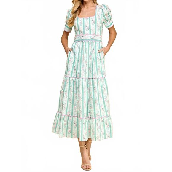 TCEC Dresses & Skirts - NEW TCEC puff sleeve midi dress in pastel floral stripe